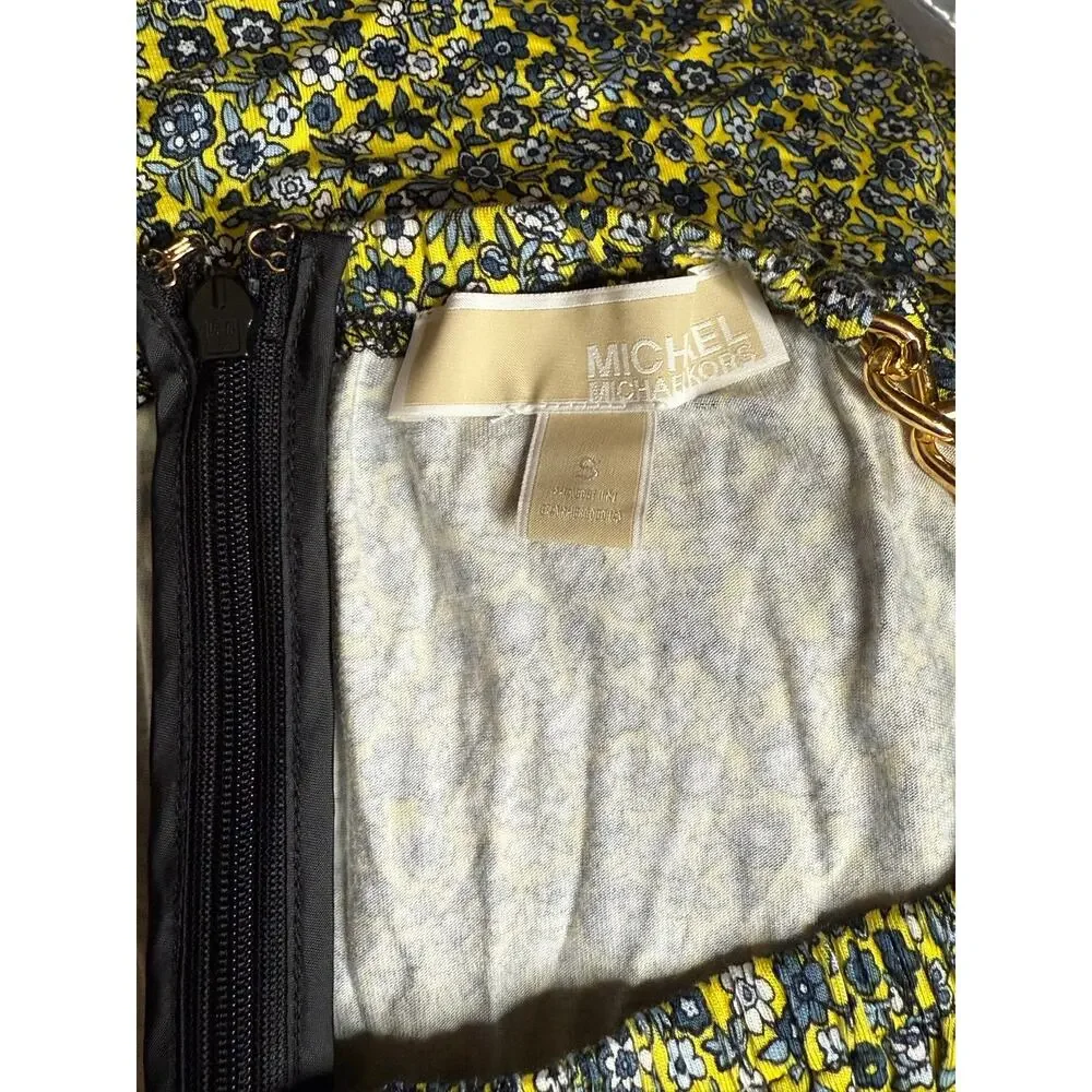 Michael Kors Yellow and Blue Floral Gold Chain Halter Swing Top S NWOT